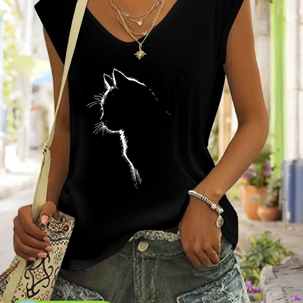 Sleeveless V-neck T-shirt, minimalist cat printed casual T-shirt S