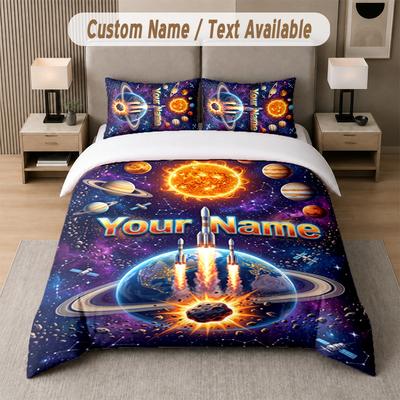 Space Cosmic Theme Custom Text Or Name 3Pcs Bedding Set 1 Flat Sheet & 2 Pillowcases Personalized Home Bedding
