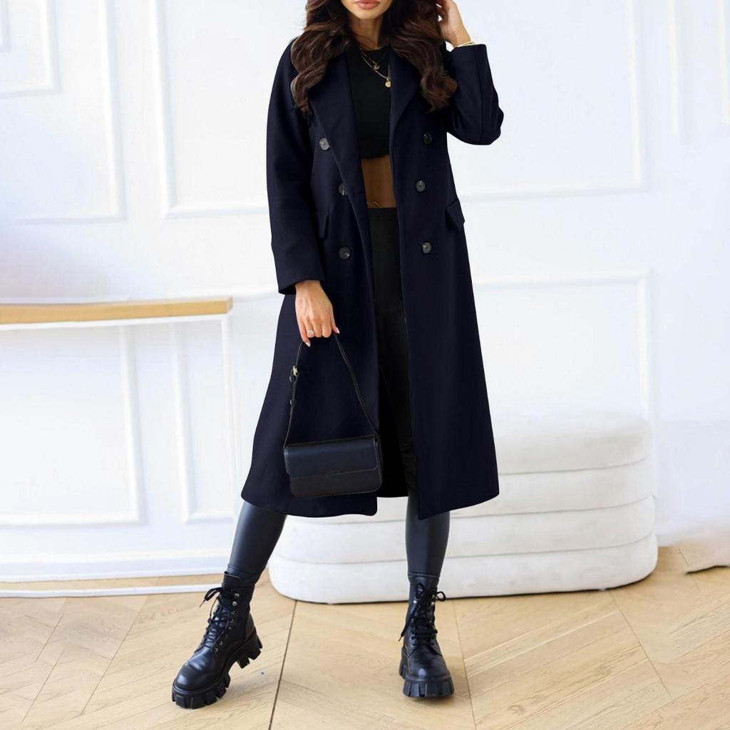 Women's Long Solid Double Breasted Long Sleeves Pocketless Coat Outwear Pocket Decoration