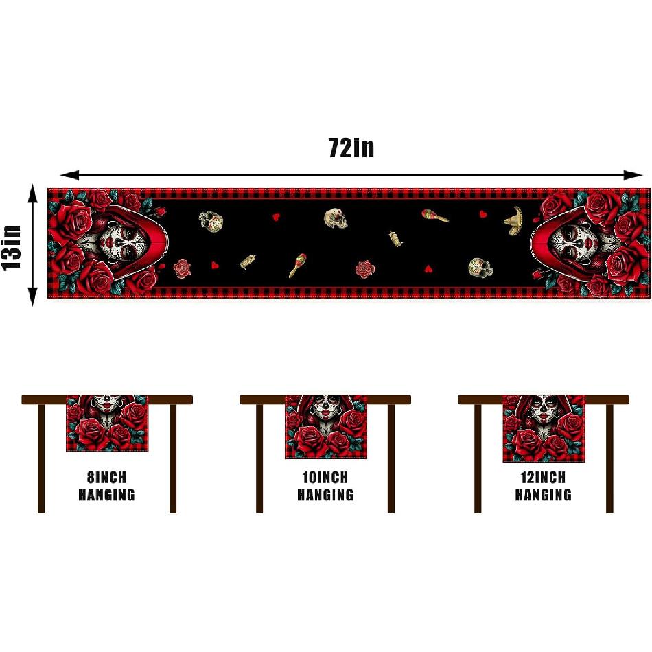 Day of The Dead Table Runner Dia De Los Muertos Tablecloth Sugar Skull Roses Mexican Fiesta Halloween Party Decoration and Supplies for Home Kitchen
