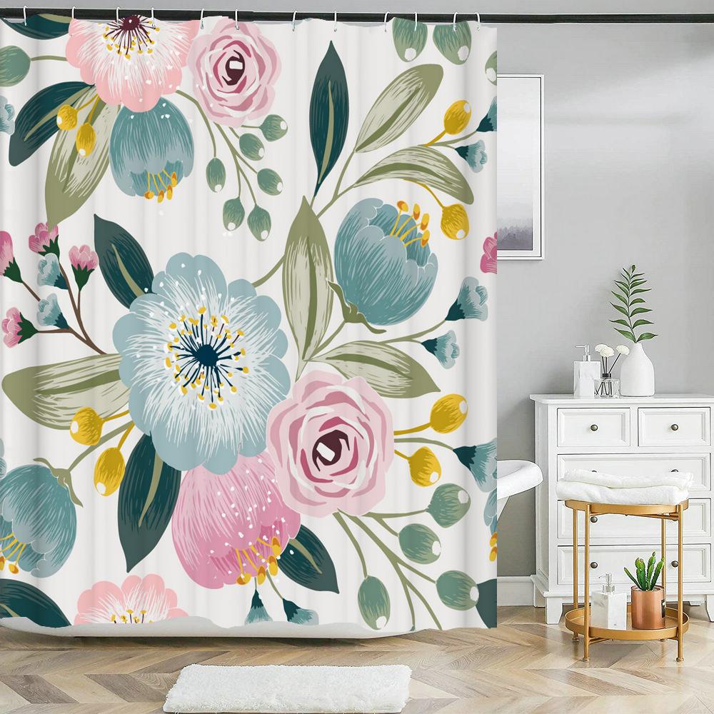 3D Colorful Flowers Leaves Birds Printing Bathroom Waterproof Shower Curtain with Hooks Home Decoration Polyester Bath Curtains