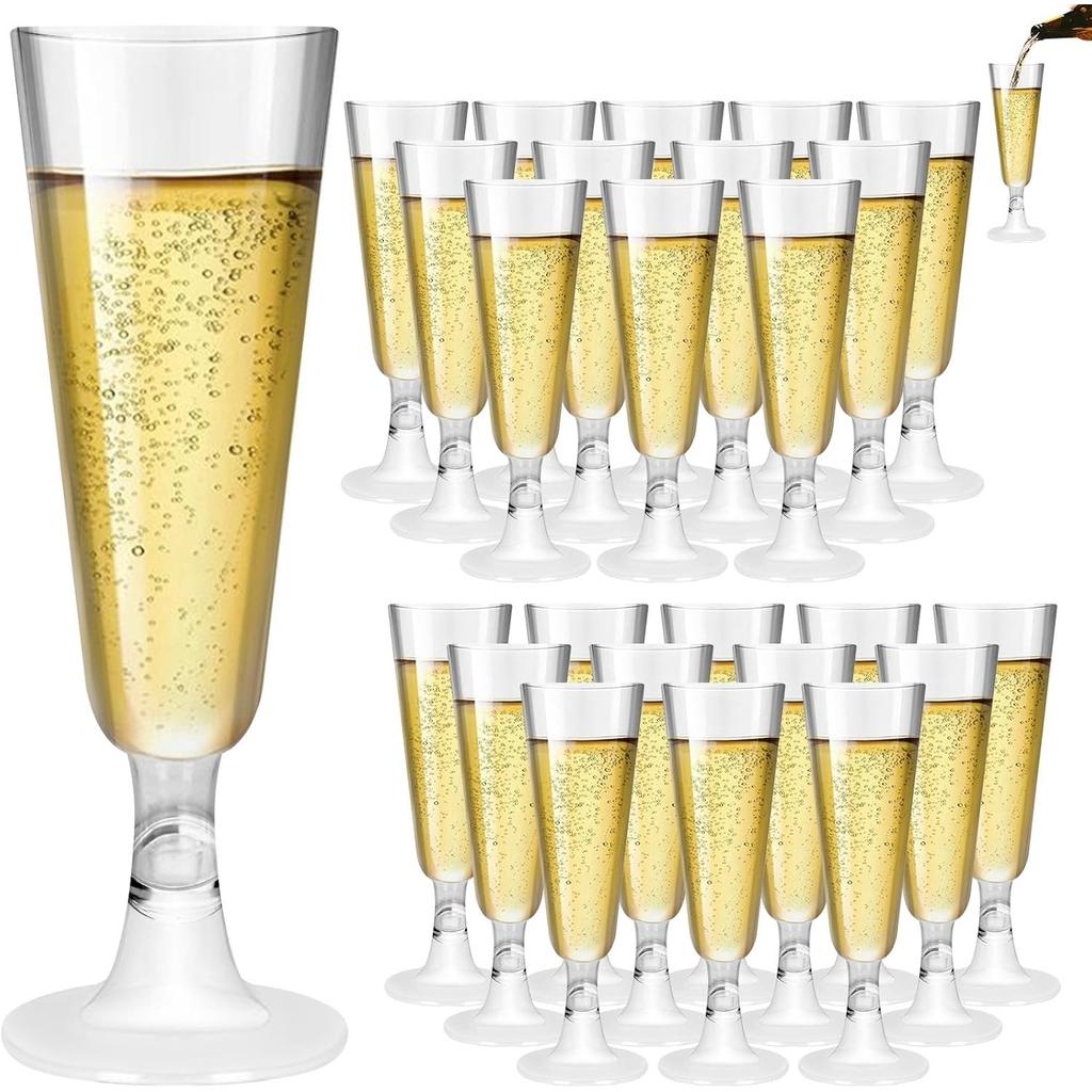 25Pcs Transparent Plastic Champagne Flutes, 150ml / 5oz Reusable Premium Cocktail Glasses, Clear Stemmed Prosecco Glasses, Elegant Party