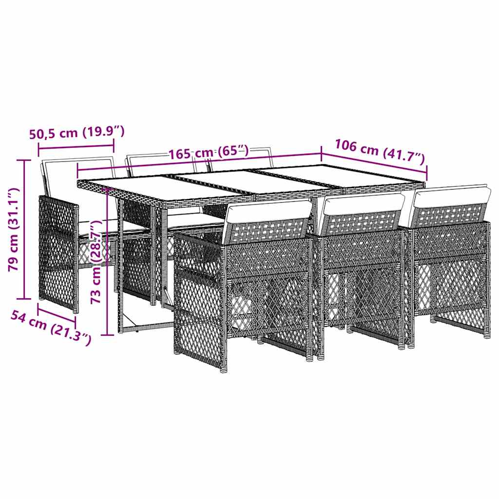 7 Piece Outdoor Dining Set with Cushions Brown Poly Rattan