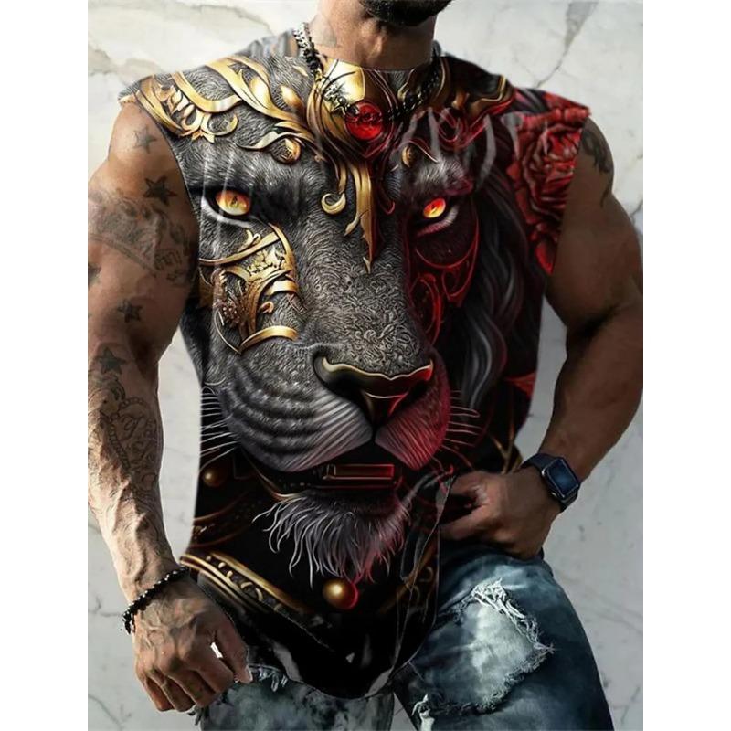 Weste für Herren mit Aufdruck „Goldener Löwe“, ärmellos, Rundhalsausschnitt, 3D-Druck, für jeden Tag, Sport, Fitness, Modedesign, S-6XL