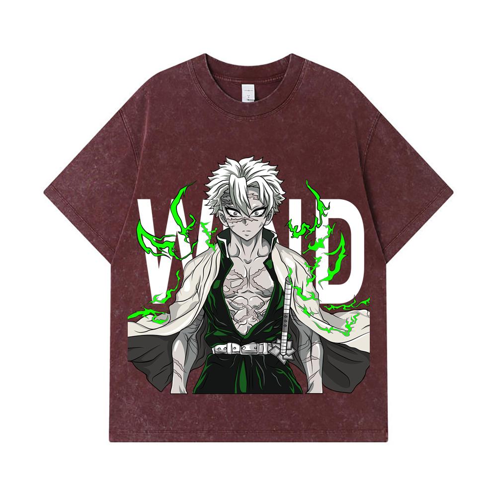 275 GSM Gewassen T-shirts 100% Katoen Demon Slayer V115 Sanemi Print Unisex Zwaar Katoenen T-shirt