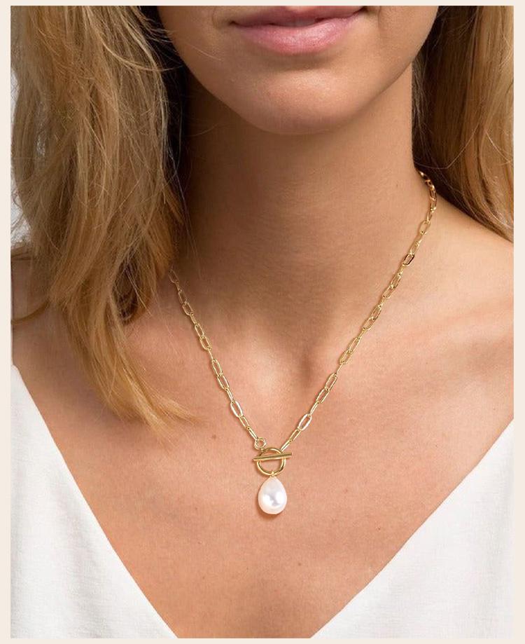 Mini Pearl Toggle Necklace for Women, Pearls Pendant, Stainless Steel Paperclip Chain Bridesmaid Gift