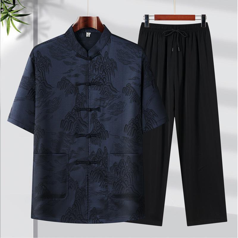 High-Quality Men's Striped Silk Tang Suit Summer Set: Chinese Style Casual Wear for Middle-Aged & Elderly