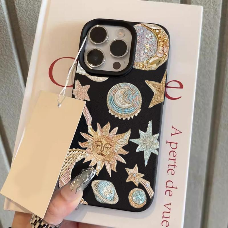 

Phone Case For iPhone 17 Air 11 12 13 Pro Max 16 15 14 Plus X XR XS Golden Powder Star Moon Sun Planet Elements Pattern Cover iPhone XR