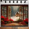 2D Rustic Christmas Cabin Window Wall Hanging, Snowy Winter Cottage Background Cloth