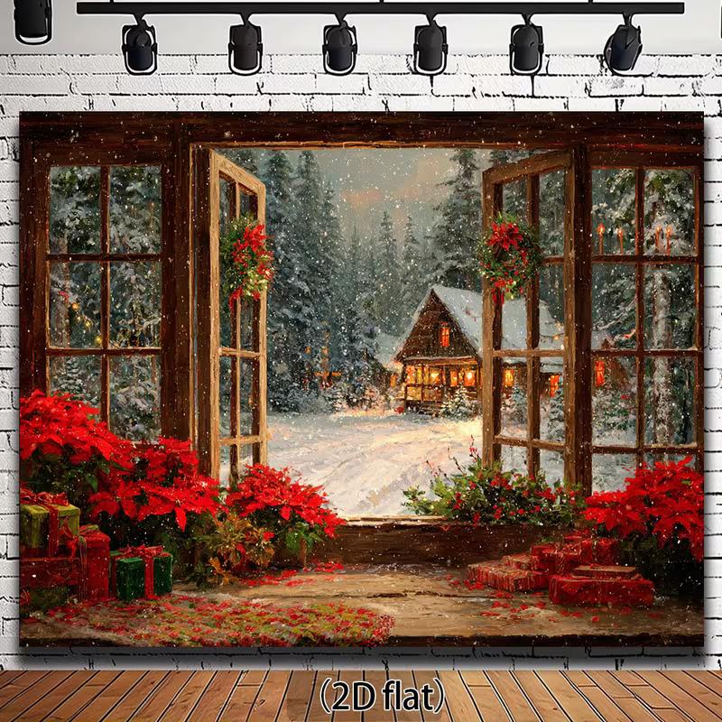 

2D Rustic Christmas Cabin Window Wall Hanging, Snowy Winter Cottage Background Cloth 47.2x31.5inch/120*80cm