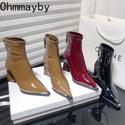 Designer Vintage Frauen Spitzschuh Stiefeletten Mode High Heels Kurze Booties Herbst Winter Damenschuhe