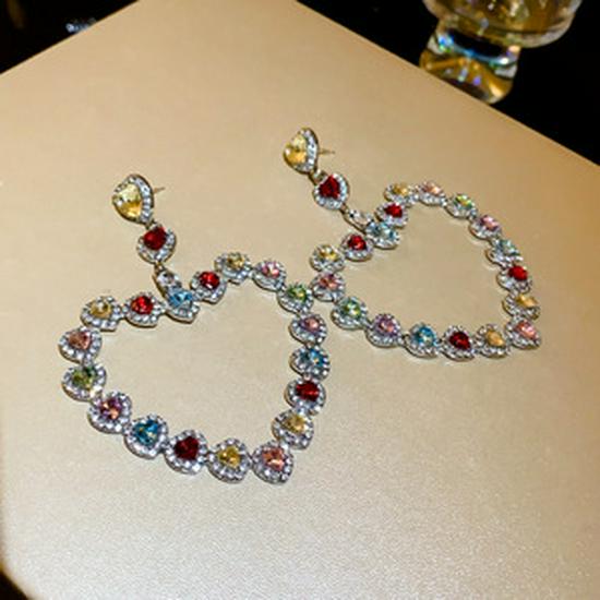 Silver Needle Exaggerated Heart Earrings with Hollow Diamond Design - Luxury European & American Style for Women