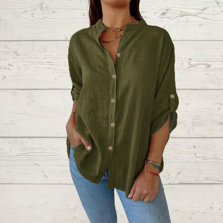 Spring and Summer Solid Color Foldable Sleeves Top V-neck Long Sleeved Casual Loose Women's Blouses & Shirts