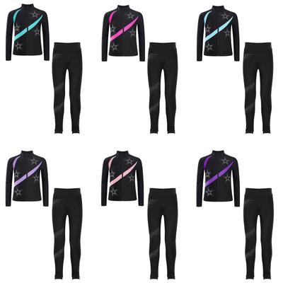 Lány Műkorcsolya Ruha Kontraszt Színű Hosszú Ujjú Álló Galléros Cipzáras Pulóver Strasszokkal Díszített Leggings