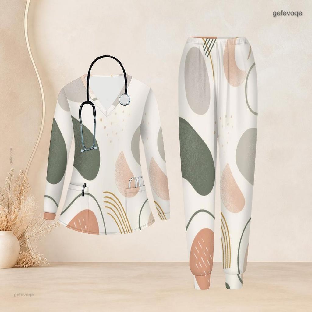Women Plus Size Printed Nurse Scrub Set V Neck Long Sleeve Pocket Top And Long Pants