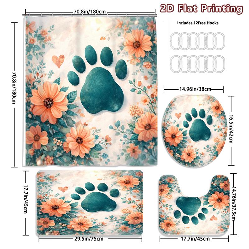 4Pcs Floral Paw Print Shower Curtain Set with Non-Slip Bath Mat, Toilet Lid Cover, Contour Rug & 12 Hooks, Bathroom Decor