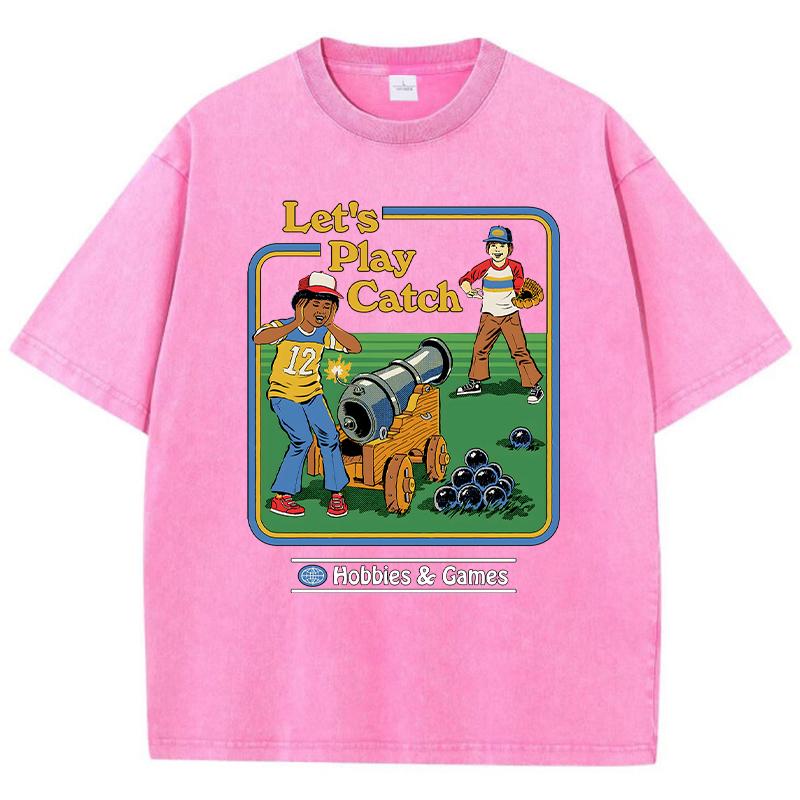 Let's Play Catch Print Damen Wasch-T-Shirt Sommer O-Ausschnitt T-Shirts Street Distressed Kleidung Atmungsaktiv Weich Kurzarm