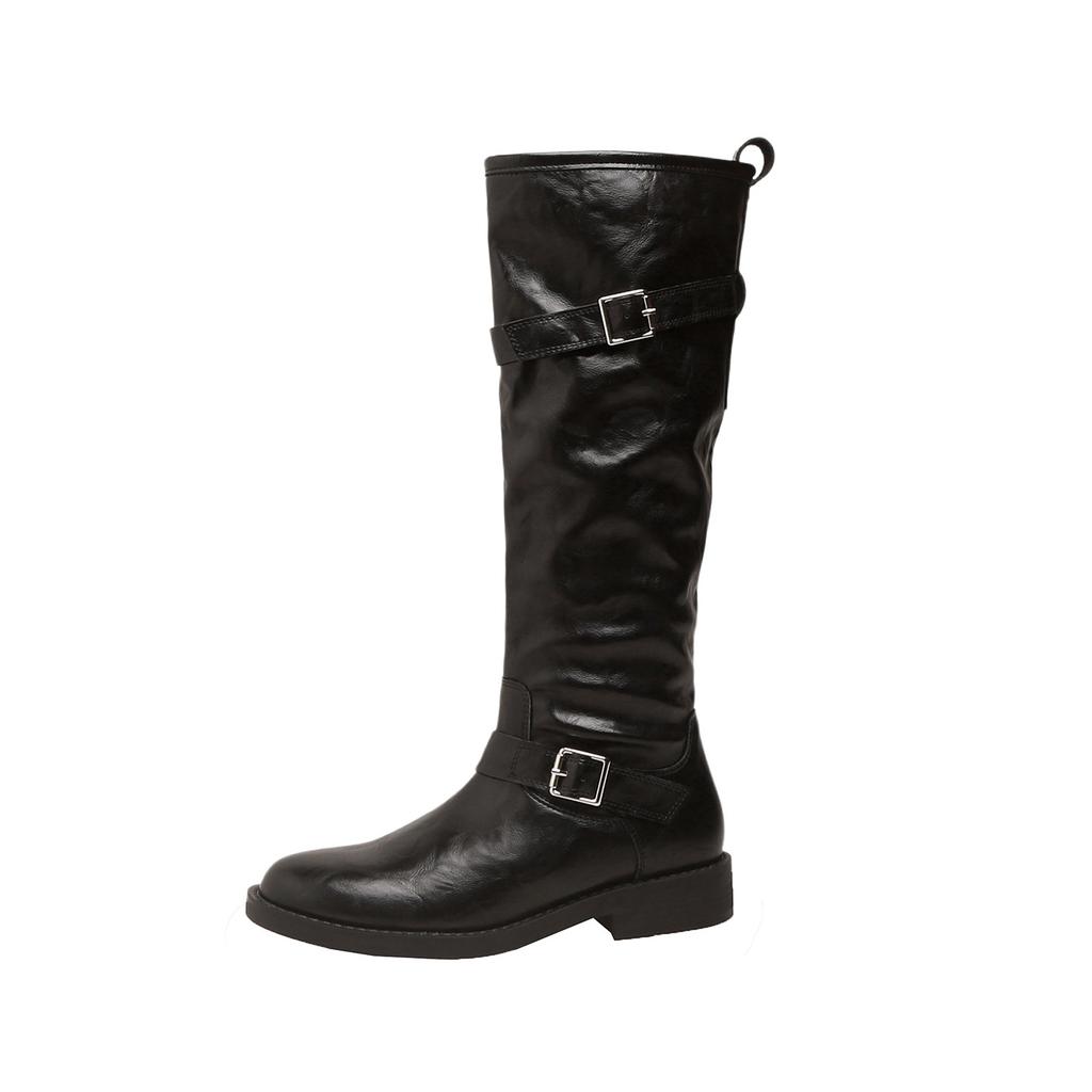 Autumn and winter new legs are out of the street~ fashionable round head fashionable belt buckle thick heel boots women's tall knight boots