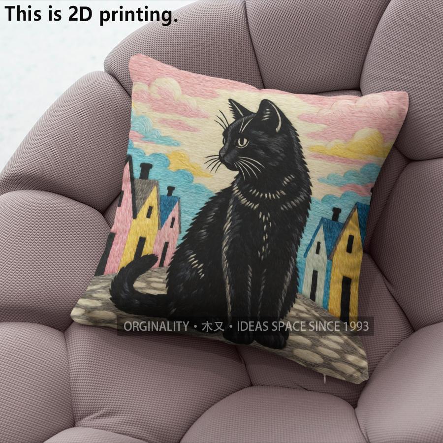 Vintage Black Cat Town Scene Throw Pillow Covers Pattern Cushion Cover Suitable For Sofa Bedroom Car Pillow Cover