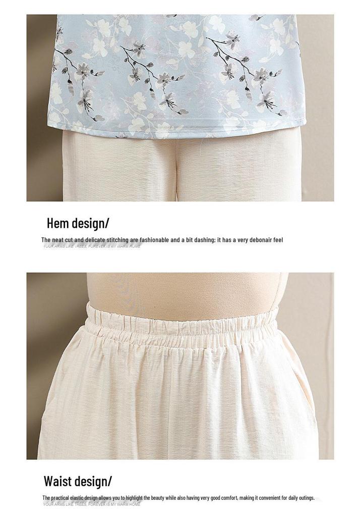 2026 Summer Women's Floral Short-Sleeve Top & Wide-Leg Pants Set for Middle-Aged and Elderly