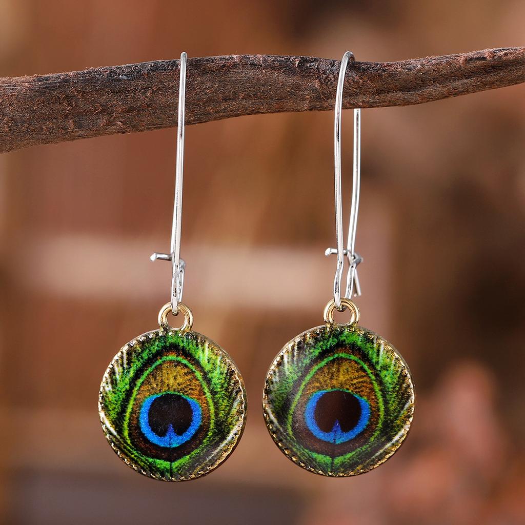 New Retro Peacock Feather Pattern Pendant Earrings Bohemian Niche Simple Jewelry