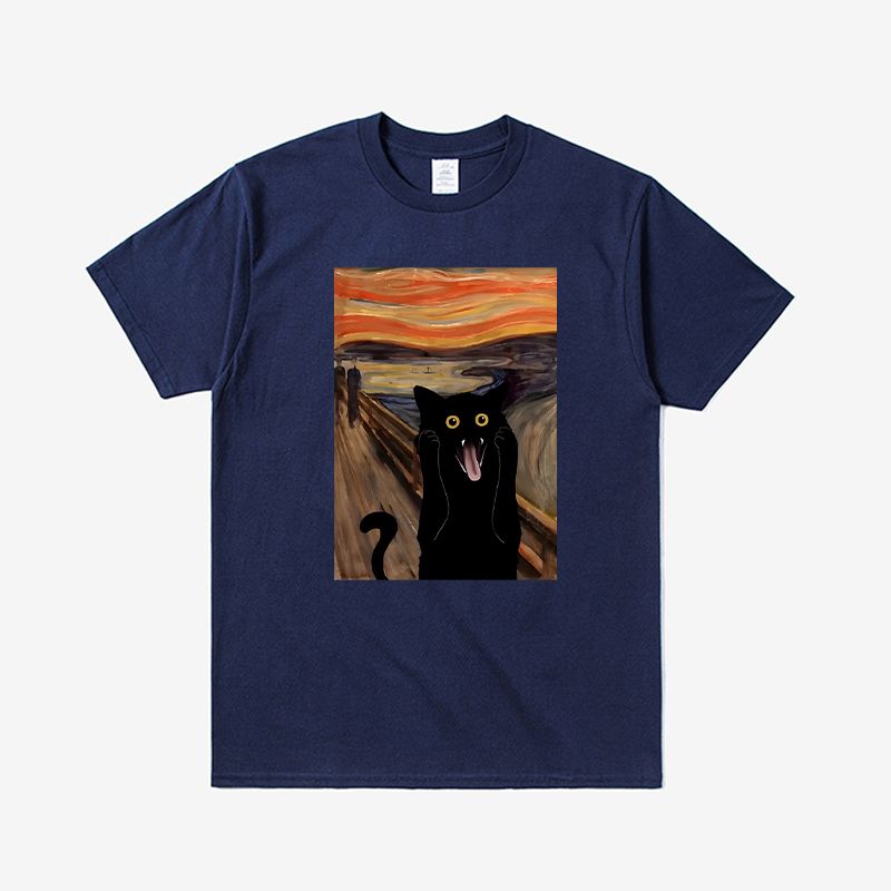 Terrified Cat Printed Men's T-Shirt Summer Vintage Kawaii Men's Women's Surfing Beach T-Shirt Unisex Breathable Casual Top