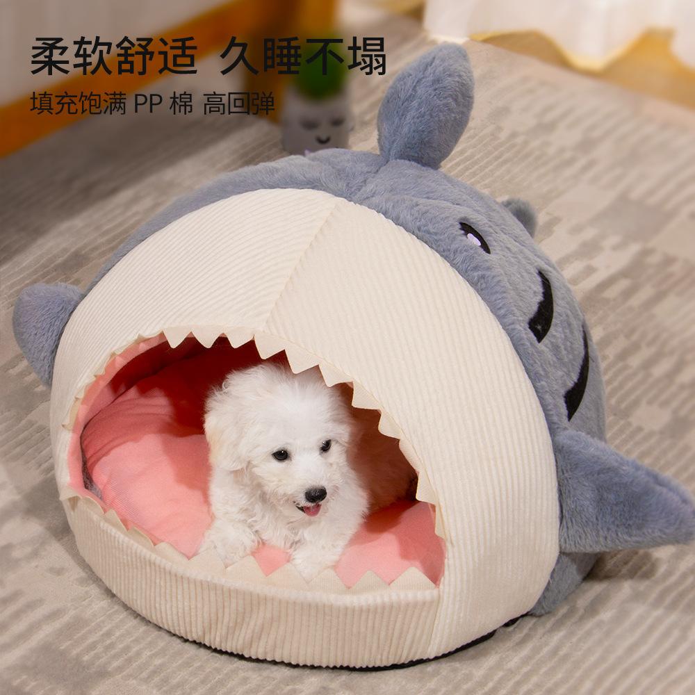 Dog bed kennel cat bed winter Internet celebrity warm semi-enclosed shark cat bed mat pet supplies cat house wholesale shark den blue S(40*40*32)