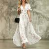 European and American Summer Elegant and Sexy Deep V-neck Lotus Leaf Sleeve Bohemian Print Dress