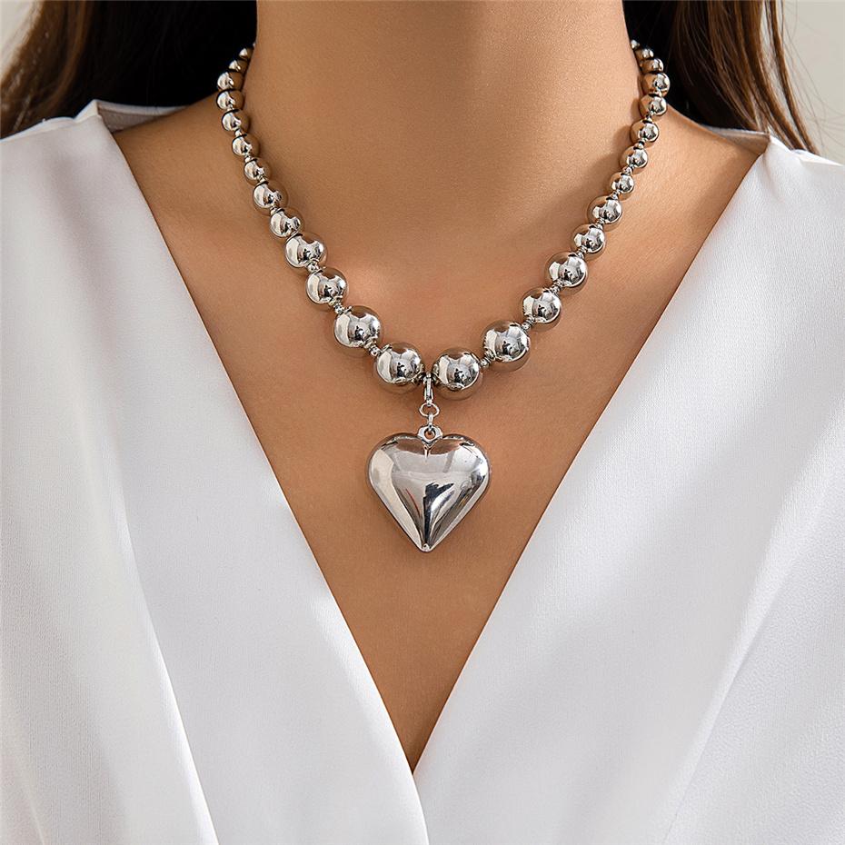 

Ingemark Punk CCB Ball Beads Chain Necklace for Women Trendy Vintage Big Love Heart Pendant Choker Grunge Jewelry Steampunk Men