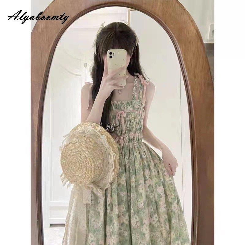 

Мори Девушка Весна Лето Женщины Сладкий Цветочный Сарафан Подтяжки Зеленые Цветы Принт Bow Midi ПляжНое платье Без рукавов Kawaii Платье
