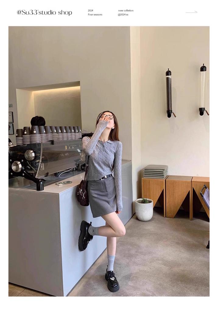 Women's Grey Cable Knit Polo Turtleneck Sweater, New Autumn/Winter 2025, Long Sleeve Short Base Layer Top.