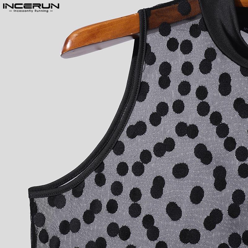 INCERUN Men Mockneck Sleeveless Polka Dots Mesh Bodysuits See Through Fitted Briefs Jumpsuits