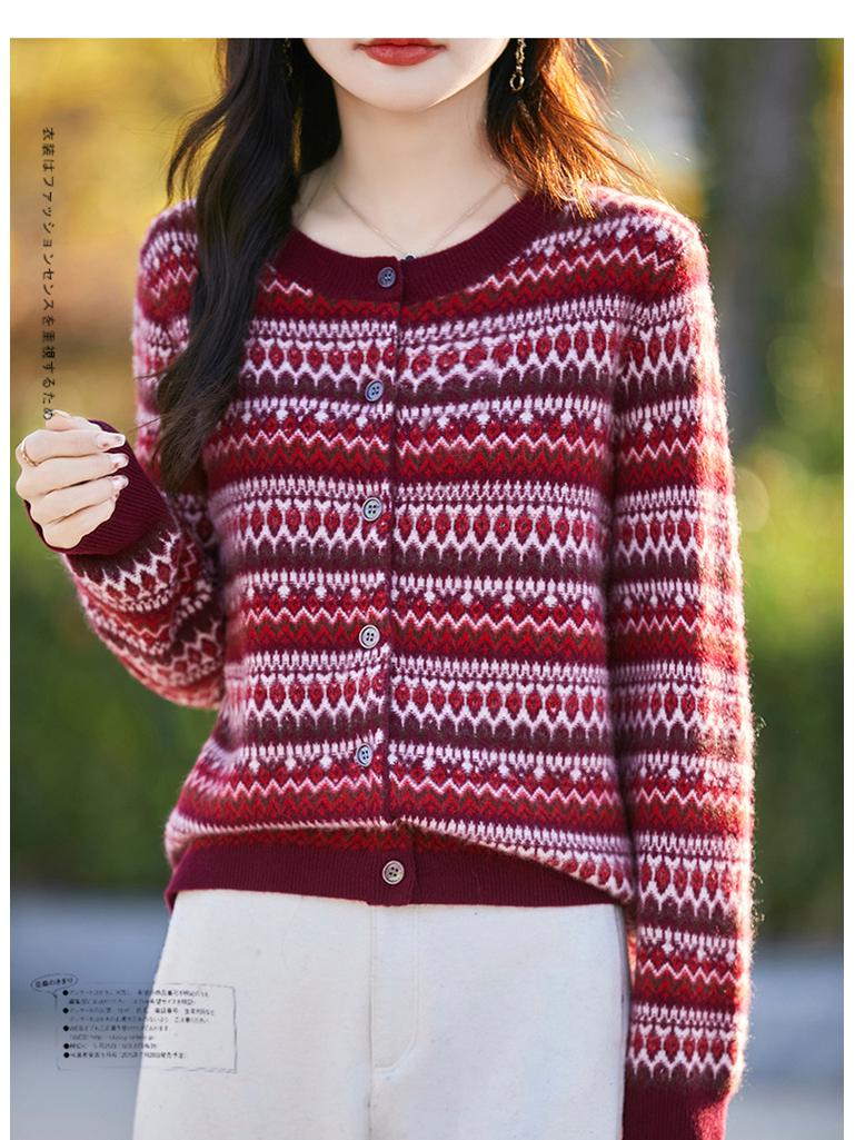 

Зимний кардиган 2024 года в полоску с цветовыми блоками, ретро с круглым вырезом, шерстяной, свитер свободного кроя Medium