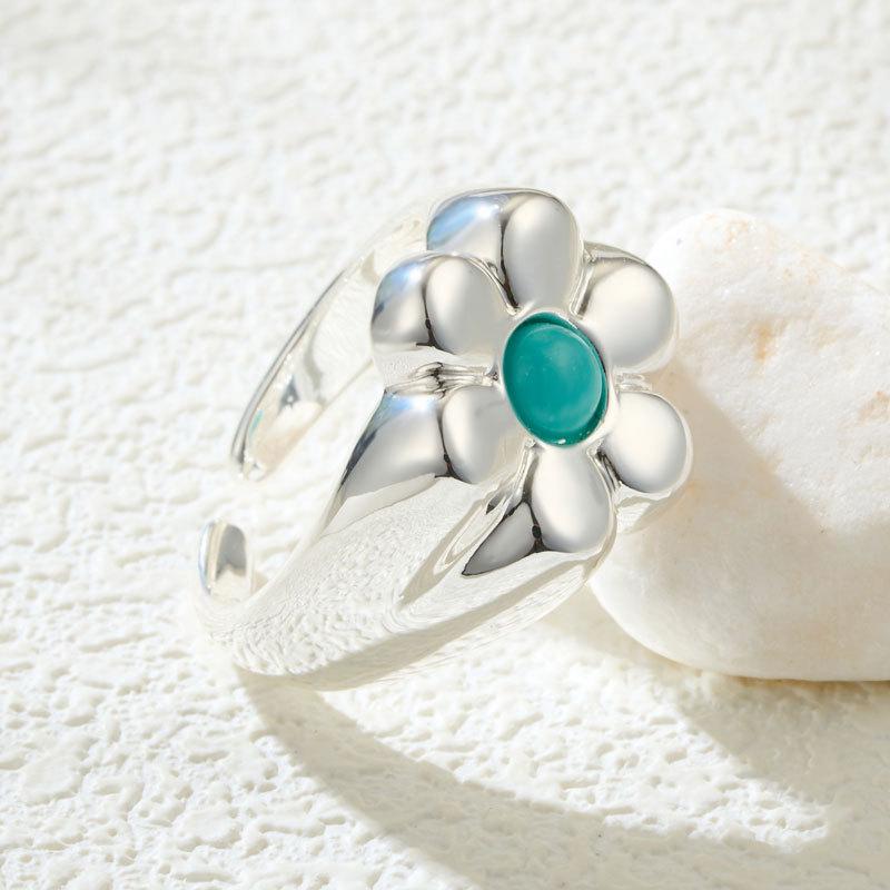 Fingertip Blooming Silver Flower Opening Ring Simple Versatile Blue Turquoise Ring Women s Fashion Adjustable Index Finger Ring
