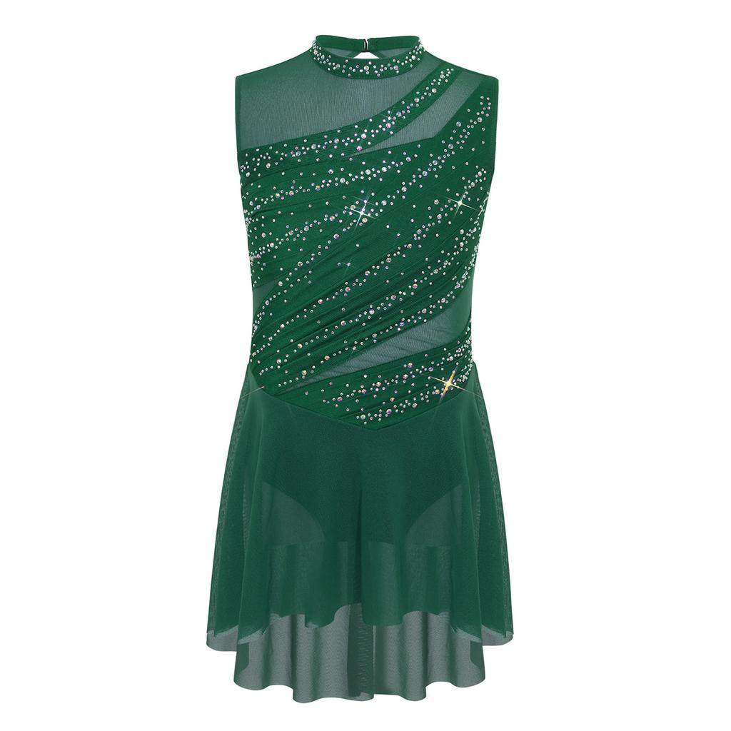 Mädchen Mesh Patchwork Ärmellos Cutout Rücken Raffung Hoher Niedriger Saum Glitzernder Strassstein Kleid Tanzaufführungskleid