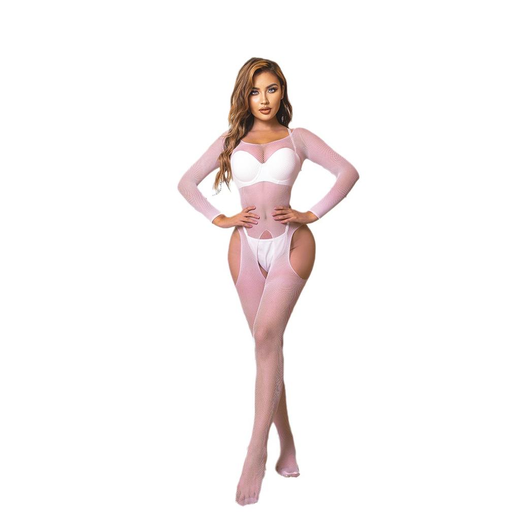 Hollow Open Gear Hanging Fine Net Transparent Temptation Skeleton Pink Erotic Lingerie Ladies Sexy Slim One-piece Suit