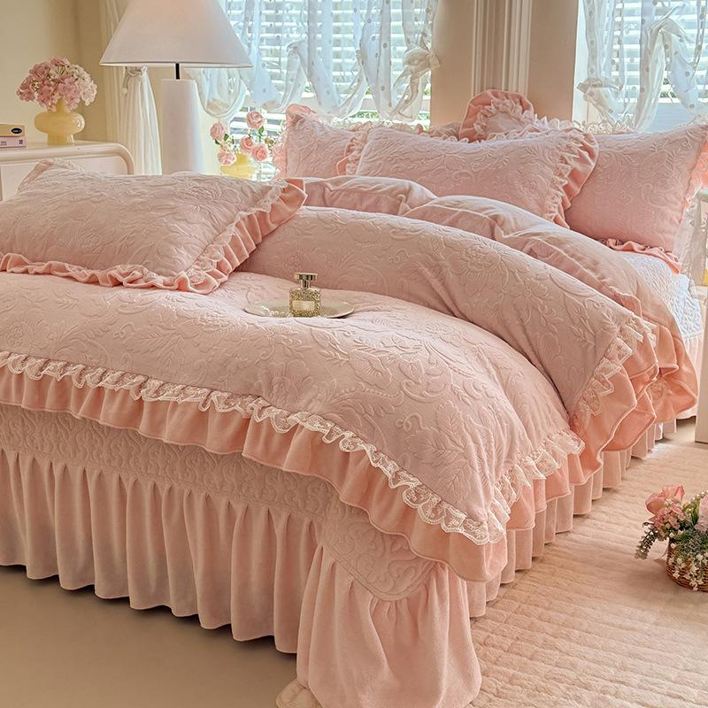 

Французское покрывало кружево утолщенный молочный флис четырехкомпонентный двусторонний детский флис 1.8 1.8m hat 4pc quilt cover 220 * 240