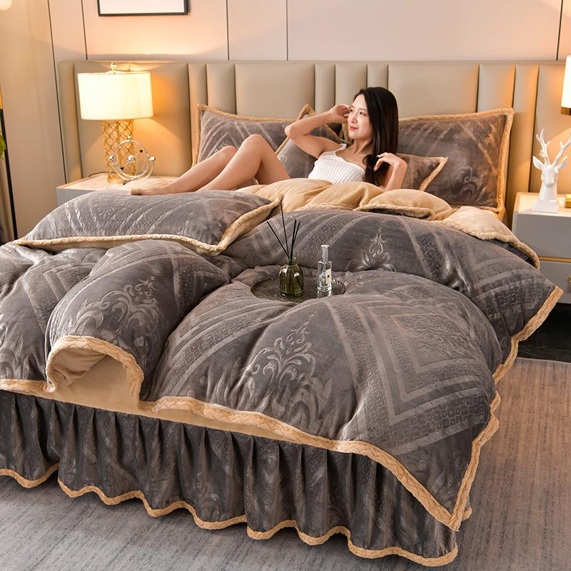 Class A Maternal And Infant Grade High-Gram Carved Fleece Milk Fleece Bed Skirt4-Pcs Set, Winter Double-Sided Fleece Quilt Cover