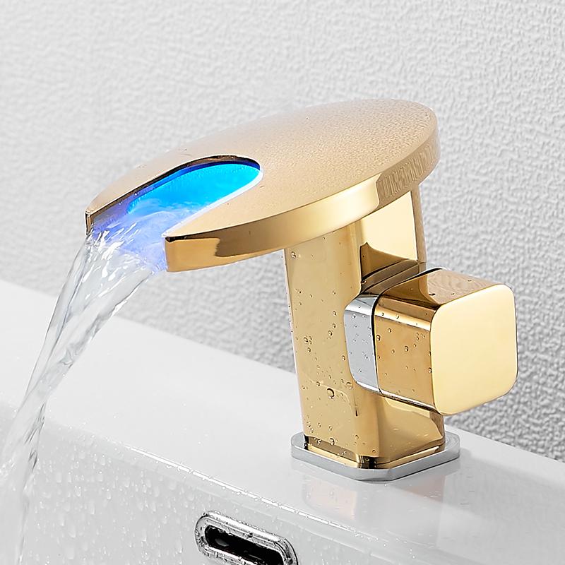 BAKALA Messing-Wasserfall-LED-Waschtischarmatur für Badezimmer, Kalt-/Warmmischarmatur, Kran-Waschtischarmatur, schwarzer Farbwechsel, angetrieben durch Wasserfluss