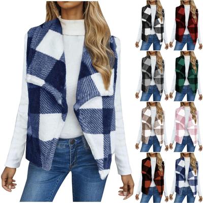 Women Fuzzy Fleece Vest Sleeveless Jacket Flannel Plaid Jacket Plus Size Coat