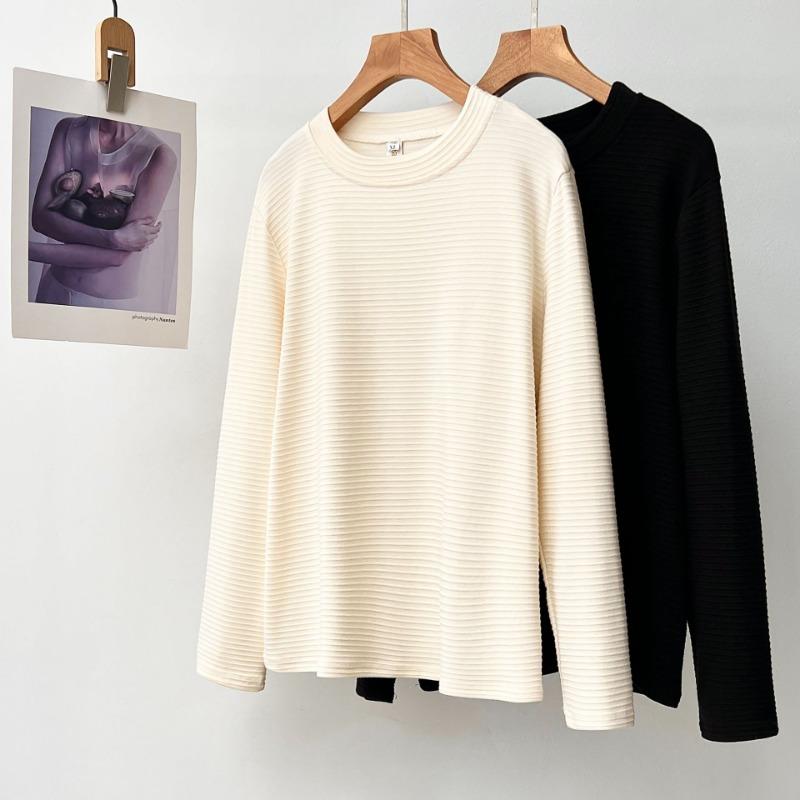 Plus Size Women Striped Jacquard Long Sleeve Casual Base Inner Top