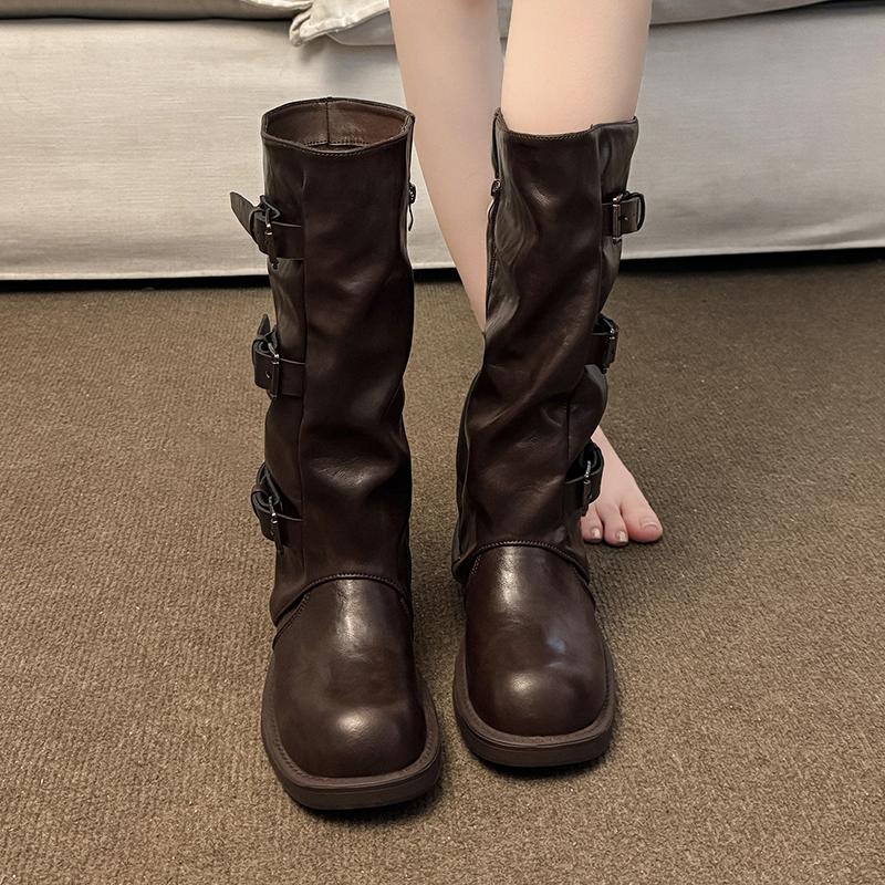 Vintage Belt Buckle Woman Western Cowboy Boots Low Heel Knight Long Booties botas de inverno feminina