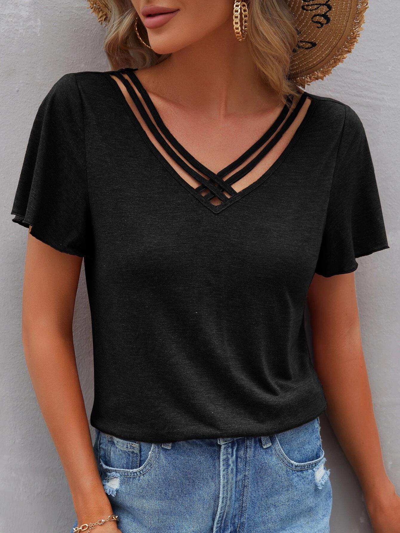 

2023 Summer Women s Solid Color Ruffle Sleeve Top 5XL чорний