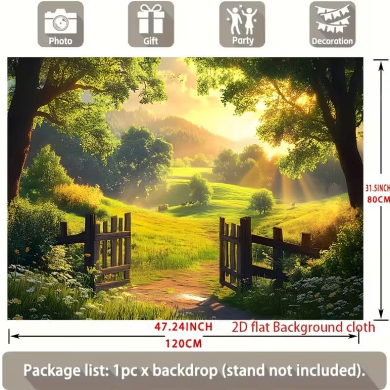 2D Sunrise Green Meadow Photography Backdrop Rustic Farm Gate Background