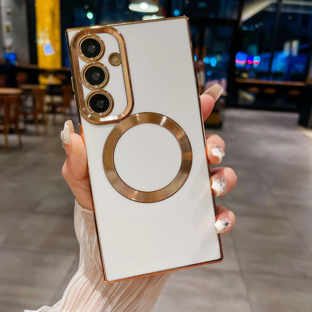Suitable for Samsung S24Ultra Mobile Phone Case Square Solid Color Electroplating Magnetic Suction S21FE Anti-drop Mobile Phone Case