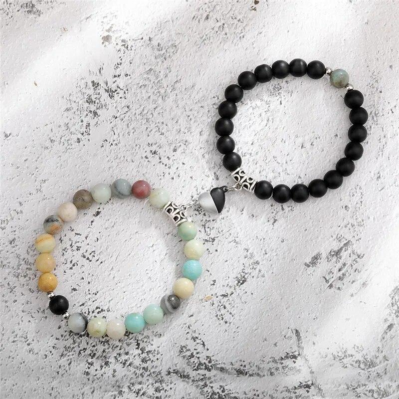 Trendy Couple 2Pcs/Set Natural Stone Beads Love Heart Magnetic Bracelet For Women Men Charm Peach Beaded Bracelets Jewelry Gifts