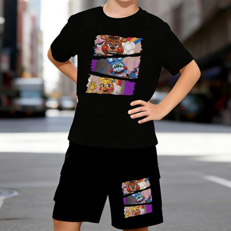 

Boys 2 Piece Cute Cartoon Bear Printed outfit, Short Sleeve T-Shirt and Shorts Set for Kids Age 5-14,White, Black Sporty Casual Summer Clothes 5-6 Years чёрный