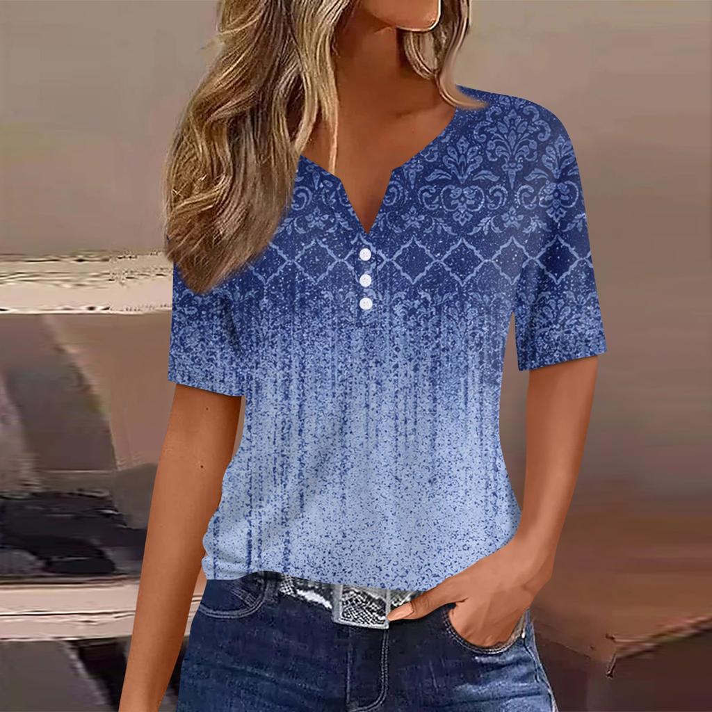 Women's T Shirt Tee Printed Button Short Sleeve Tunic Daily Weekend Fashion Basic V- Neck Regular Top