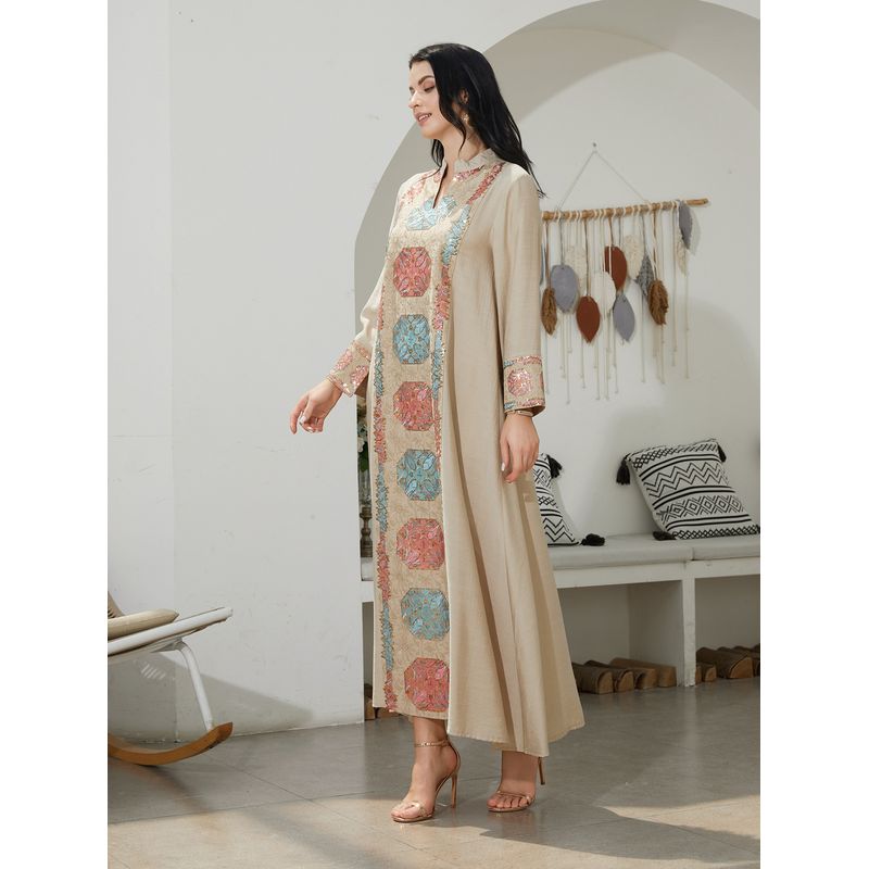 New Middle East Robe Women Clothes Fashion Casual Loose Print Sequins Dress Embroidered Dress