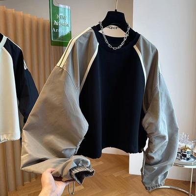 Lockeres Patchwork-Sweatshirt in Kontrastfarbe für Damen mit kurzem Kordelzug in der Taille